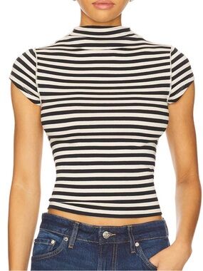 Free People Black and White Striped Mock Neck Crop Top